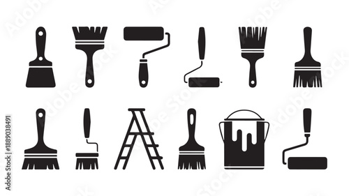 Collection of essential painting tools vector icons, including various brushes, rollers, a stepladder, and a paint can, perfect for home renovation, DIY, and artistic projects