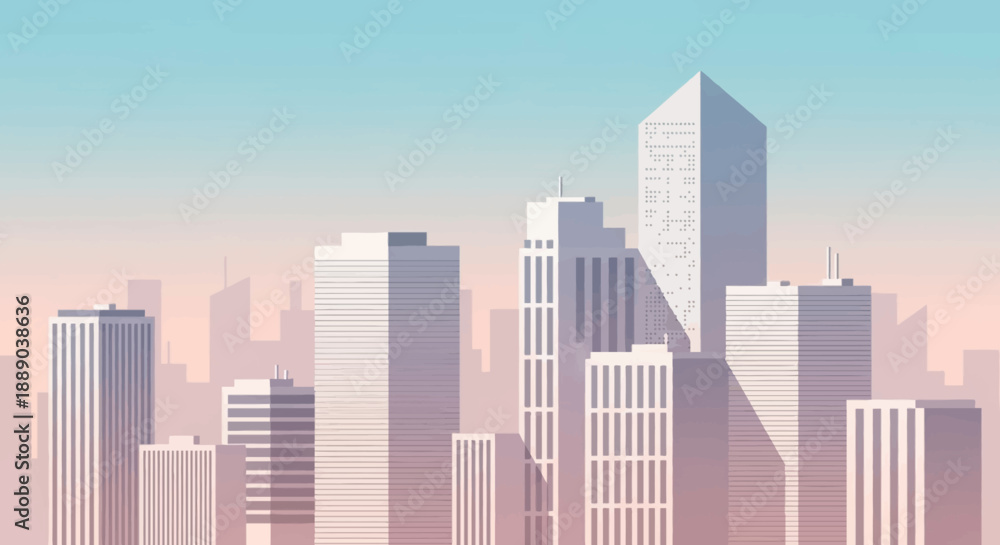 Fototapeta premium Modern City Skyline with Skyscrapers Under a Clear Sunset Sky, Urban Landscape Illustration