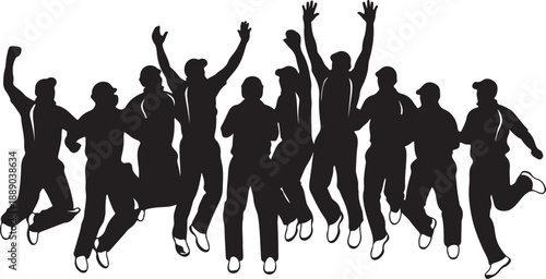 Silhouette of cricket team celebrating victory jumping in air against white wall
