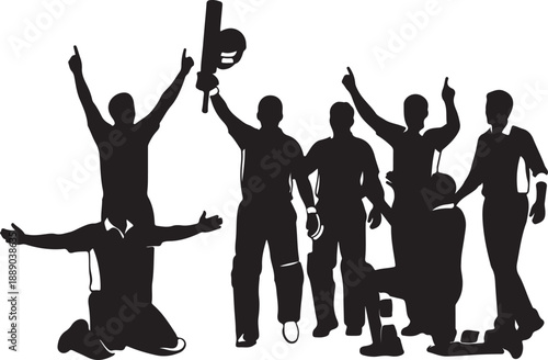 Silhouette of cricket team celebrating victory jumping in air against white wall