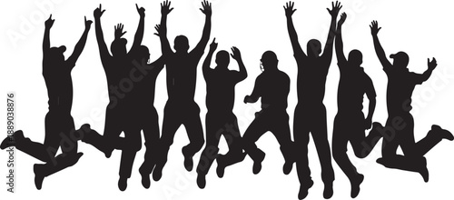 Silhouette of cricket team celebrating victory jumping in air against white wall
