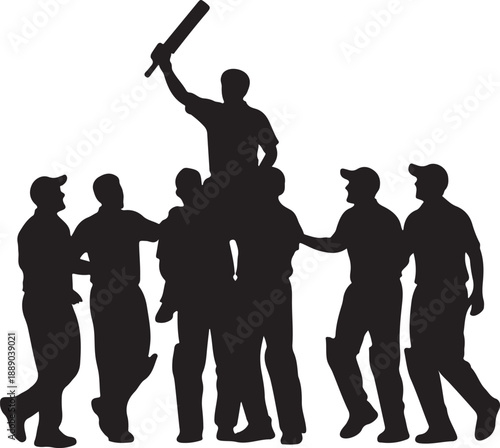 Silhouette of cricket team celebrating victory jumping in air against white wall