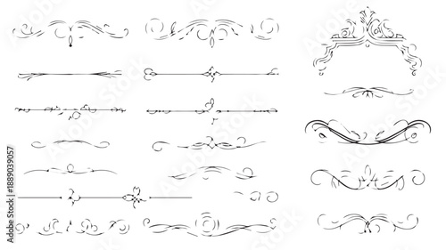 A detailed collection of elegant vector graphic design elements, featuring ornamental flourishes, classic page dividers, and decorative borders for sophisticated typography