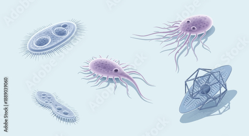 Various microscopic organisms like bacteria and viruses alongside a complex molecular structure, representing biological science and research on a light blue background.