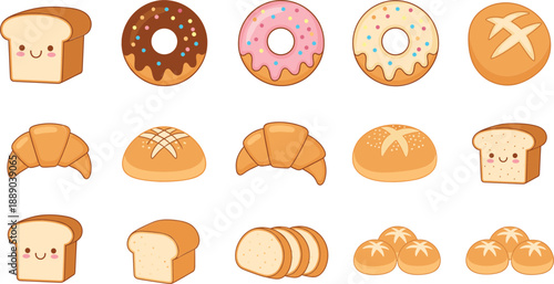 Cute Bakery Bread and Donut Vector Illustration Set with Cartoon Pastries, Croissants, Buns, Sliced Loaf, and Sweet Dessert Icons for Kids Designs
