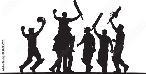 Silhouette of cricket team celebrating victory jumping in air against white wall
