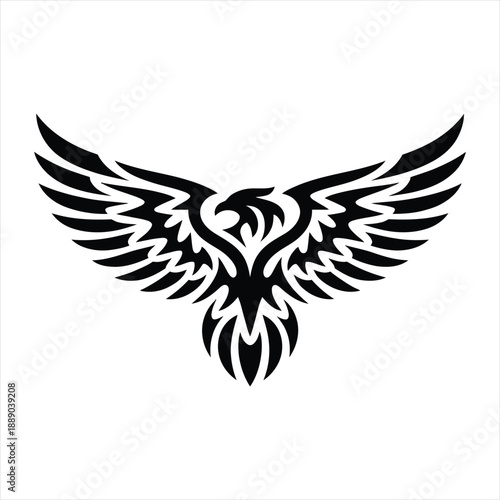 Sharp tribal bird mascot with artistic spreading wings for streetwear brand