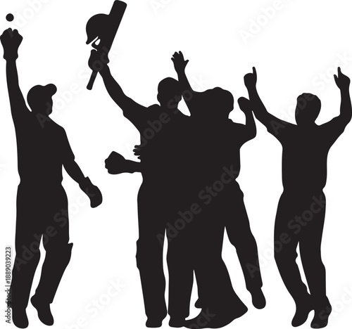 Silhouette of cricket team celebrating victory jumping in air against white wall