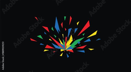 Dynamic abstract explosion of colorful geometric shards and triangles on a dark background, representing energy, celebration, and modern design.
