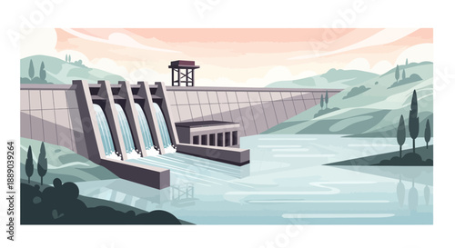 Large hydroelectric dam generating power with water flowing from sluice gates in a mountainous landscape during sunset.