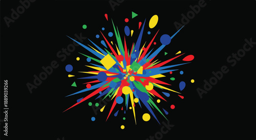 Abstract explosion of vibrant colorful geometric shapes and particles on a dark background, symbolizing creativity, energy, and celebration.