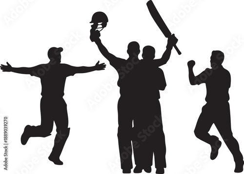 Silhouette of cricket team celebrating victory jumping in air against white wall
