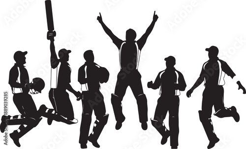 Silhouette of cricket team celebrating victory jumping in air against white wall
