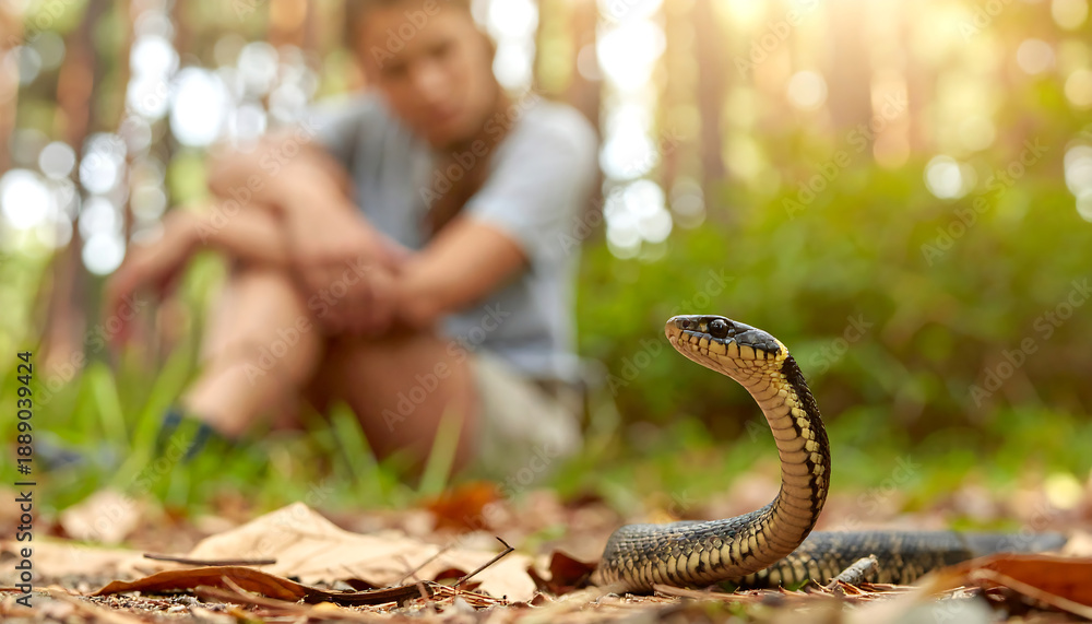 Fototapeta premium A wild snake raising its head on the forest floor with a hiker blurred in the background. Close-up of a reptile in its natural habitat among fallen leaves and forest greenery.