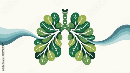 A vector graphic illustration of lungs made of green leaves with a wavy blue line representing air flow