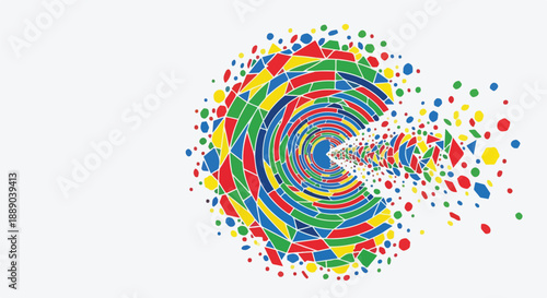 Abstract colorful circular explosion of geometric shapes and dots on a white background, dynamic motion