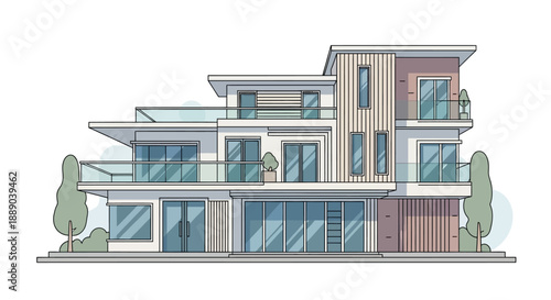 Modern luxury house exterior with multiple balconies and large windows in a clean architectural style