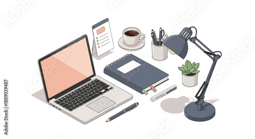 Modern minimalist work desk setup with laptop, coffee, and office supplies on an isolated white background