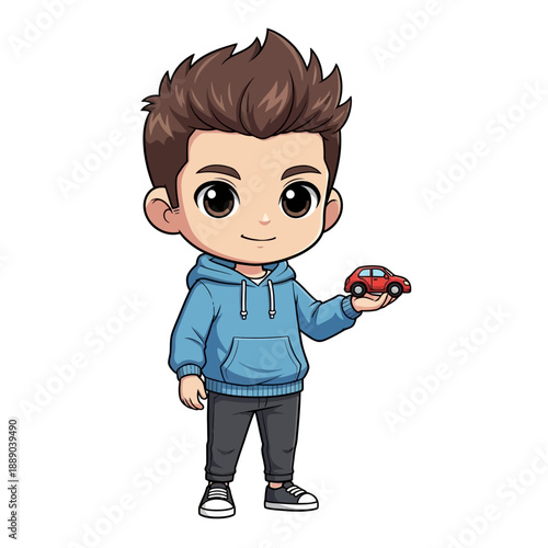 Cute Boy Holding Toy Car, Chibi Style Cartoon Character with Blue Hoodie