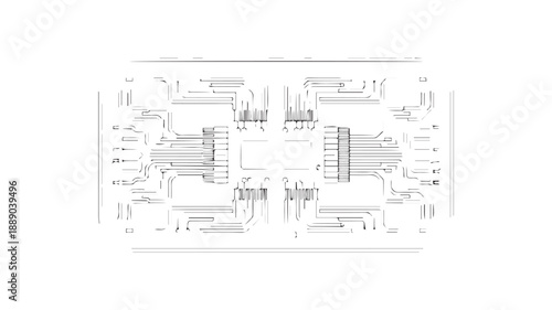 High-contrast schematic illustration of an advanced electronic circuit board with intricate pathways and connection points