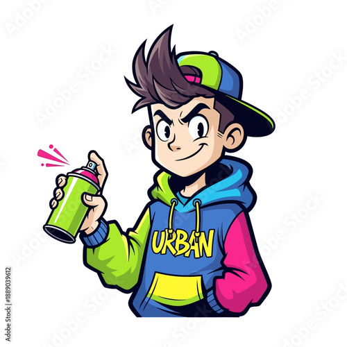 Graffiti artist boy holding spray can, vibrant colors, urban style illustration