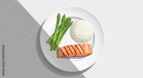 Healthy meal with grilled salmon, white rice, and fresh asparagus served on a white plate in a bright studio setting.