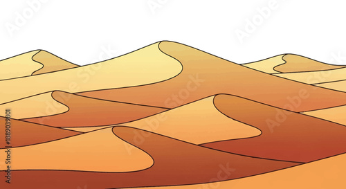 Vast desert landscape with rolling sand dunes under a clear sky, arid environment illustration.