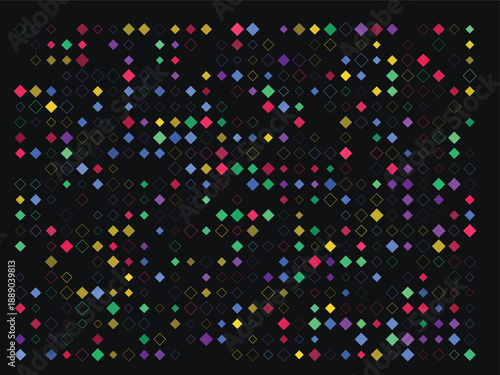 Colorful geometric pattern with small diamond shapes in vibrant rainbow colors on a black grid background