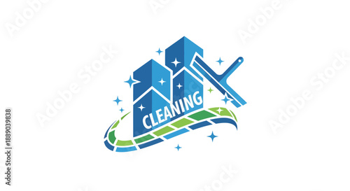 Modern Cleaning Service Logo with Squeegee and Buildings.