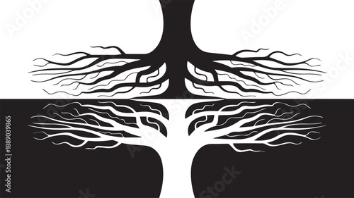 Black and white minimalist illustration of inverted trees, their intertwined roots and branches symbolizing duality, balance, and interconnected life