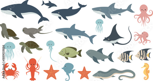 Cute Marine Sea Animals Vector Illustration Set with Sharks, Whales, Octopus, Turtle, Jellyfish, Starfish, Crab, and Ocean Wildlife Characters