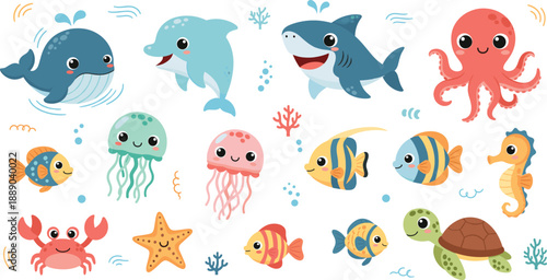 Cute Ocean Animals Cartoon Vector Illustration Set with Whale, Dolphin, Shark, Octopus, Jellyfish, Fish, Turtle, and Marine Life Characters
