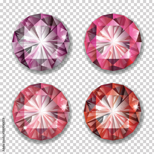 Set of Realistic Red and Pink Gemstones, Ruby, Garnet, Pink Diamond, Rose Quartz, isolated on transparent background, Vector EPS Illustration