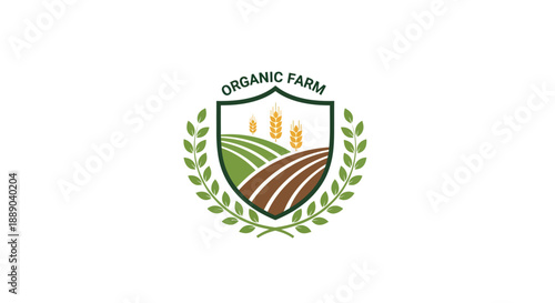 Organic Farm Emblem with Fields and Crops.