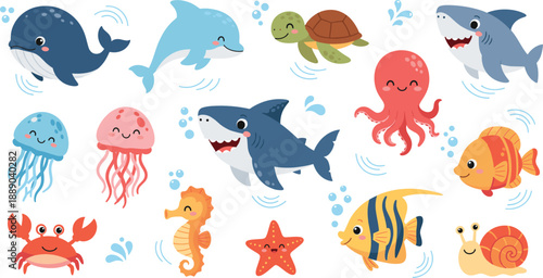 Cute Ocean Animals Cartoon Vector Illustration Set with Whale, Dolphin, Shark, Octopus, Jellyfish, Fish, Turtle, Seahorse, and Marine Life