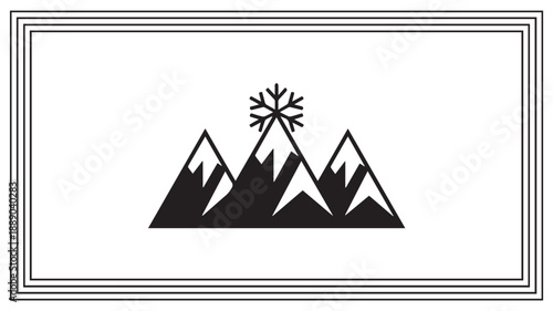 Clean and simple graphic illustration depicting majestic mountains topped with a unique snowflake, ideal for winter themes and outdoor adventure designs