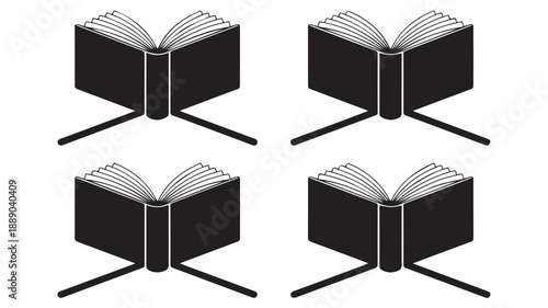 Four minimalist open books in black and white, arranged in a grid, symbolizing knowledge and education