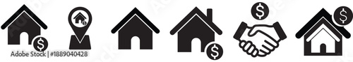 Real estate house icon set showing property, location, deal, and contract icons. House symbol. Set of real estate objects and houses black icons isolated on white. Simple house symbol. Flat real estat