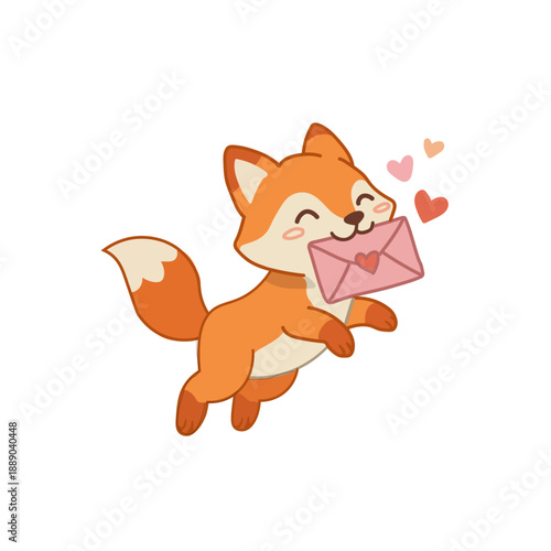 Cute orange fox cartoon jumping happily holding a pink love letter envelope in its mouth with floating hearts, adorable vector illustration isolated on white for Valentine's Day and romance
