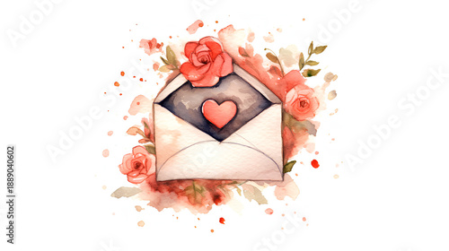 Envelope with flowers and a heart inside, watercolor illustration.