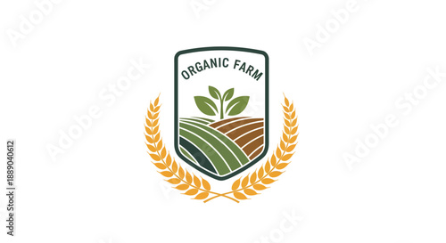 Organic Farm Emblem with Wheat Wreath and Green Fields.