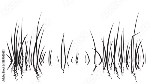 Minimalist Black and White Line Art Depicting Tall Grass with Reflections in Water
