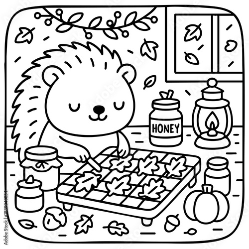 A cute hedgehog arranges colorful leaves on a table surrounded by jars of honey, a lantern, and a pumpkin, creating a cozy autumn scene.