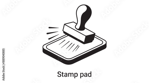Black and white minimalist line art icon of an office stamp pressing on an ink pad, symbolizing approval, official documents, and administrative tasks