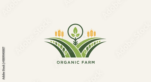 Organic Farm Logo Design with Green Fields and Growing Plants.