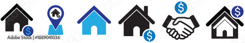Real estate house icon set showing property, location, deal, and contract icons. House symbol. Set of real estate objects and houses black icons isolated on white. Simple house symbol. Flat real estat