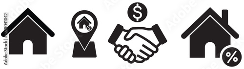 Real estate house icon set showing property, location, deal, and contract icons. House symbol. Set of real estate objects and houses black icons isolated on white. Simple house symbol. Flat real estat