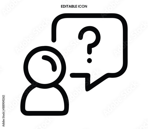A simple black line icon depicting a person questioning a speech bubble