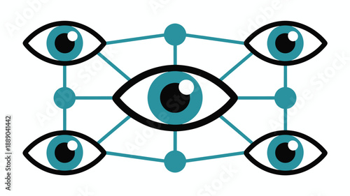 A vector graphic illustration of a network of eyes connected by lines and nodes, symbolizing surveillance and monitoring.