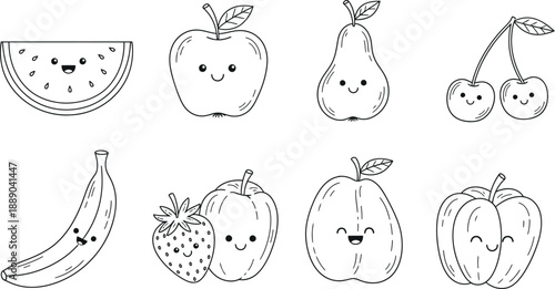 A set of eight hand drawn fruits isolated on transparent background